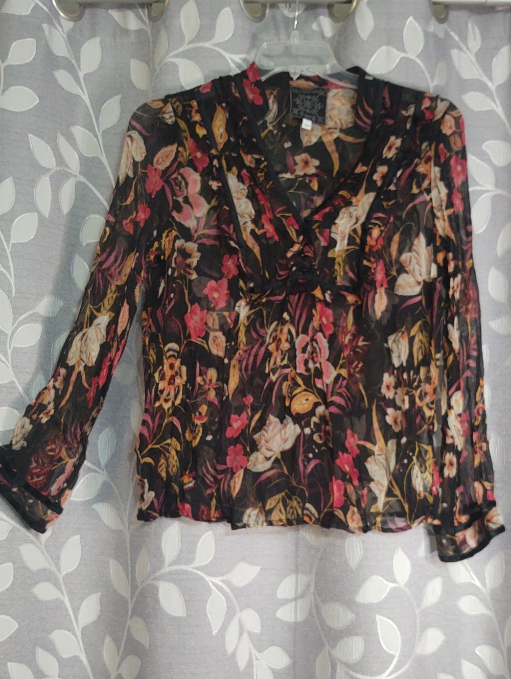Johnny Was Sheer Black Floral V-Neck Blouse with Pink & Gold Accents size L
